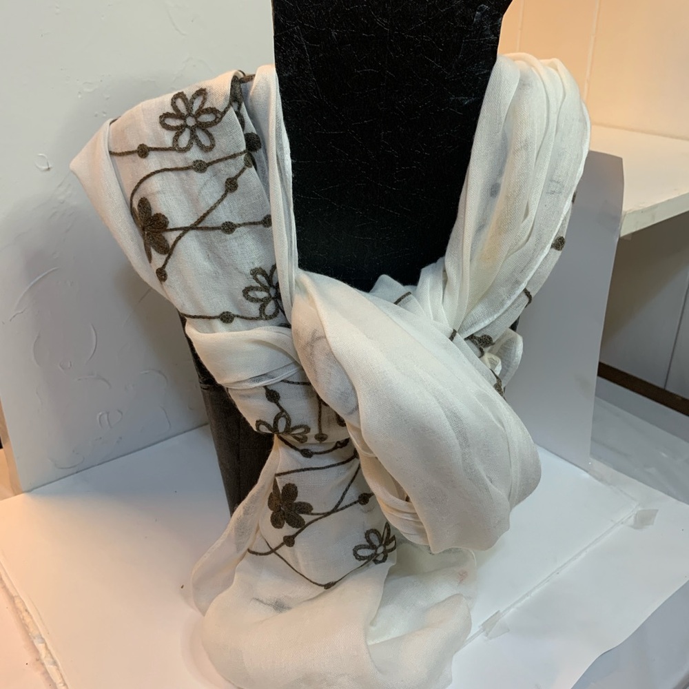 White Floral Embroidered Scarf